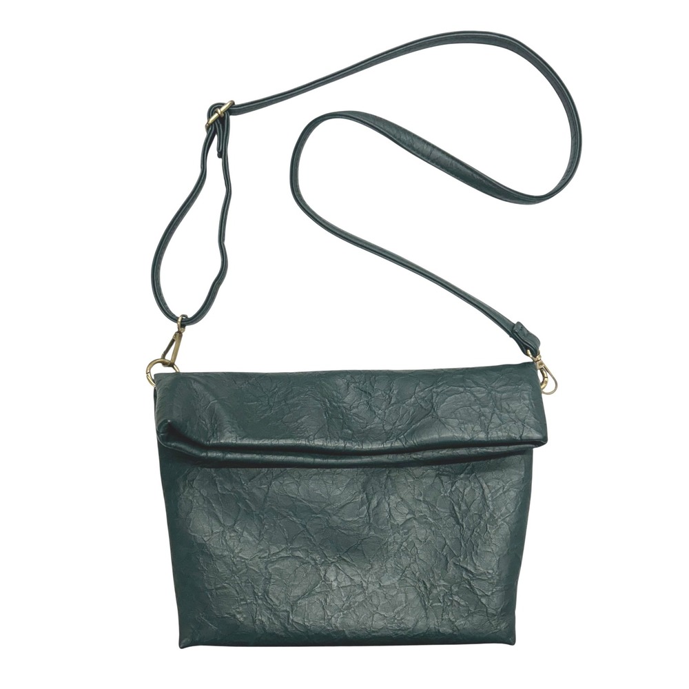 Anthropologie Green Foldover‎ Crossbody Clutch Faux Leather Boho Quiet Luxury